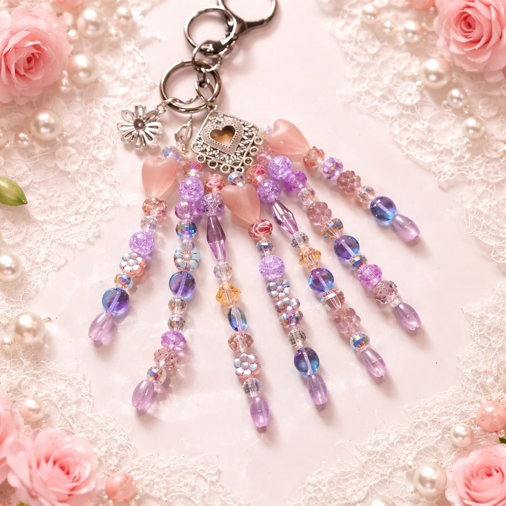 Elegant Pink and Purple Beaded Bag Charm Keychain Keyring Glass Acrylic
